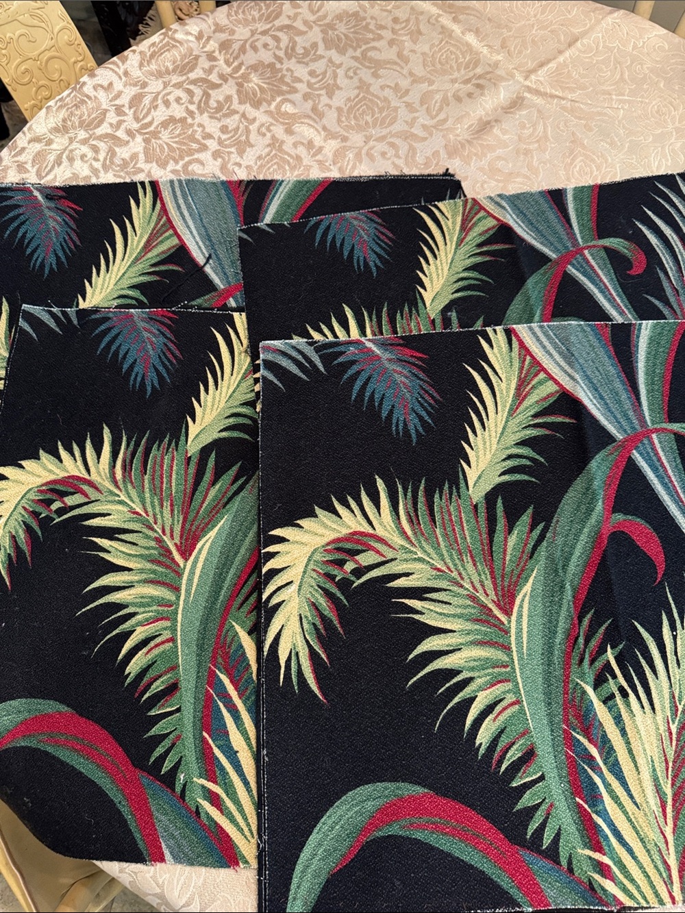 Vintage Tropical Palm Print Barkcloth Pillow Tops w/ Black Back Panels - Set of